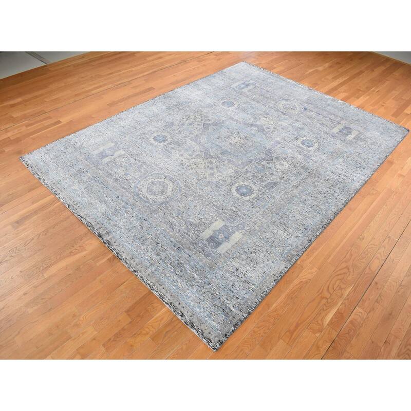 Shahbanu Rugs Columbia Blue Silk with Textured Wool HiLow Pile Mamluk